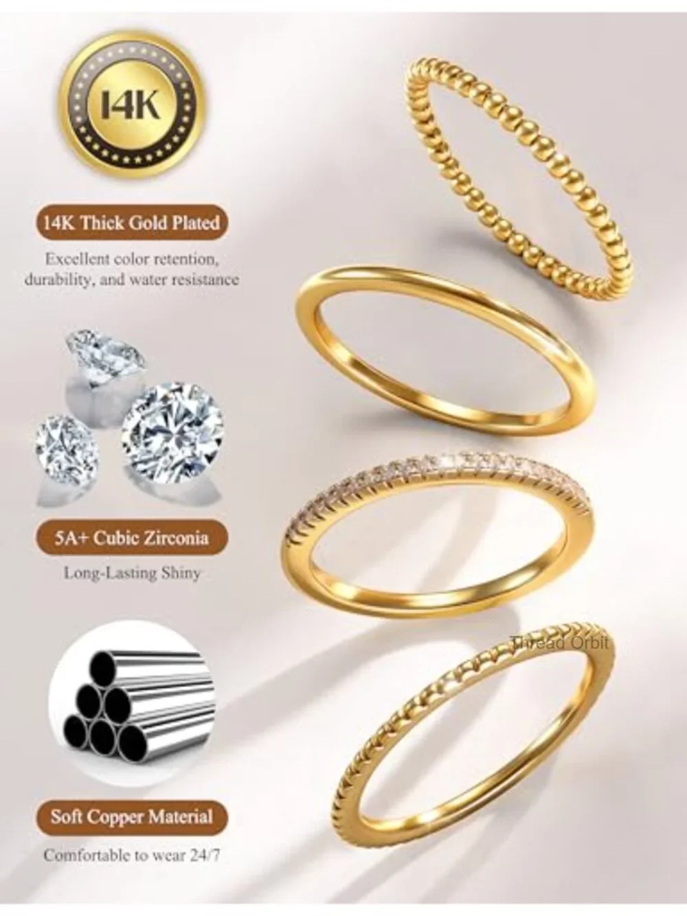 4Pcs Stackable Rings Set 14K Gold Plated Non Tarnish Thin Thumb Ring Knuckle